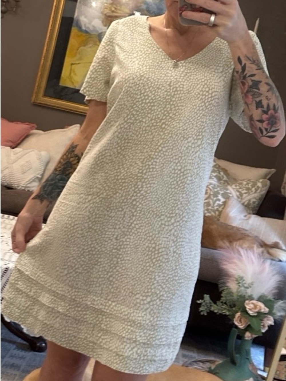 Nicole Miller Original Cream & Sage Animal Print Linen Blend Dress